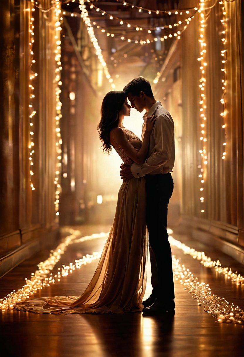 A romantic scene depicting a couple lost in each other's eyes, surrounded by soft, glowing lights and silky textures that evoke desire. Subtle hints of adult entertainment elements, like elegant music notes and artful shadows, to suggest a world of passion. Include elements of exploration, such as a winding path leading into the background, symbolizing the journey of romance. warm colors. super-realistic. dreamy atmosphere.