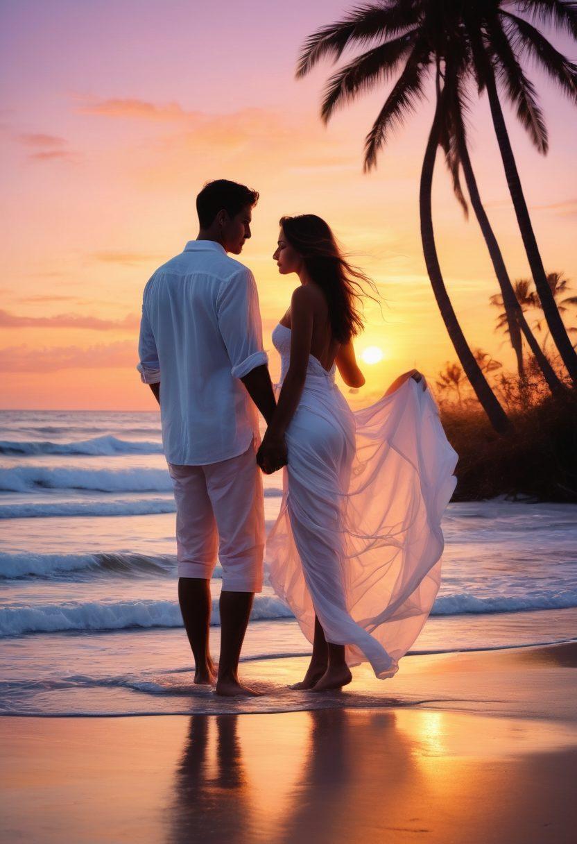 A romantic scene depicting a pair of intertwined silhouettes against a sunset beach, hinting at intimacy and connection. Soft waves lapping at the shore and gentle silhouettes of palm trees framing the background. Elements of hidden passion suggested through delicate, flowing fabric caught in the breeze. Dreamy and abstract, enhancing the allure of companionship and desire. pastel tones. surreal art. 