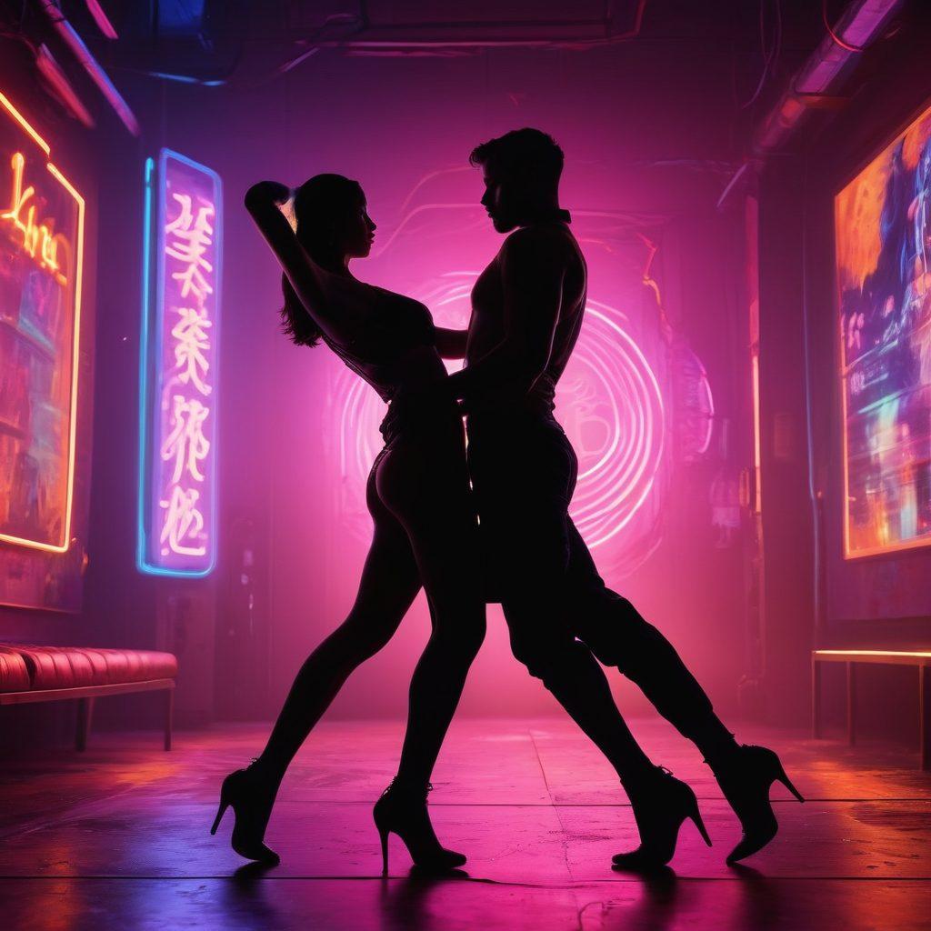 A captivating blend of romantic gestures and flirtatious body language, featuring silhouettes of diverse couples elegantly dancing and engaging in playful interactions. The background showcases vibrant neon lights and abstract shapes symbolizing the adult entertainment world, with a touch of glamour and allure. Soft, warm colors subtly contrast against bold, eye-catching highlights to create an inviting atmosphere. The scene evokes a sense of mystery and excitement while maintaining a tasteful approach to intimacy. vibrant colors. cyberpunk. super-realistic.